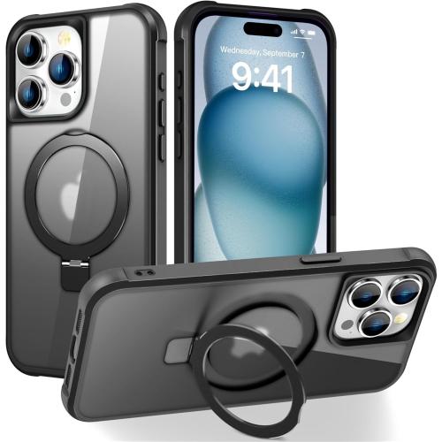 Compatible with iPhone 15 Pro Max Case with Invisible Magnetic O-Ring Stand Military-Grade Translucent Case for iPhone 15 Pro Max 6.1 [Compatible with Mag-Safe][Great Grip Feeling], Black
