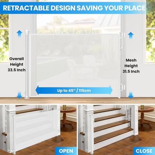 Size 33.5 Tall, Up to 45 Wide Color White Retractable Safety Baby Gate or Mesh Dog Gate,Durable Portable Mesh Retractable Gate,Easy to Use for Stairs, Doorways, Hallways, Indoor, Outdoor, 33.5 Tall, Up to 45 Wide, White