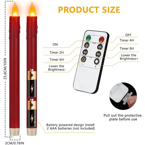 6 Pcs Burgundy Flameless Taper Candles with Remote, 10 White Battery Operated Led Candlesticks with Flickering 3D Flame, Fake Taper Candles for Halloween Anniversaries Dinner Home Décor