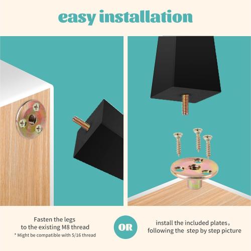 Sofa Legs Square Bed Feet 5 inch Wood Replacement Leg for Furniture Set of 8,Black (5”, 8set)