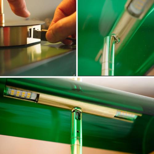 Bankers Modern Desk Lamp, Elevate Your Space with 3-Port Fast Charging Station (A  C USB Ports), Emerald Acrylic Lampshade, Satin Brass Finish. Old Classic with Modern-Inspired Design