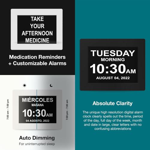 American Lifetime Large Digital Clock for Seniors, Black, 8 inch, with Day & Date, Customizable Alarms, Auto-Dimming, Multi-Language Support, Battery Backup, Easy Setup, and Gift Option