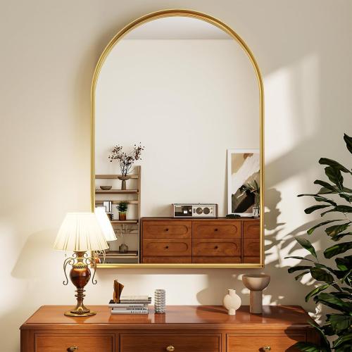 20 x 30 Luxury Arched Bathroom Mirror - Arch Wall Mirror with Shatterproof Tempered Glass and Metal Deep Frame, Hanging or Leaning for Living Room, Dresser, Entrance and Hallway, Gold