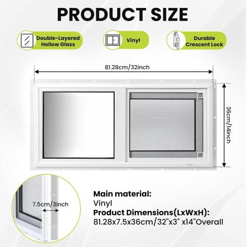 Vinyl Basement Sliding Window, 32 x 14 White | Removable Glass Pane, Double Pane Insulated Tempered Glass, and Mesh Screen for Basement Bathroom Home RV Garage