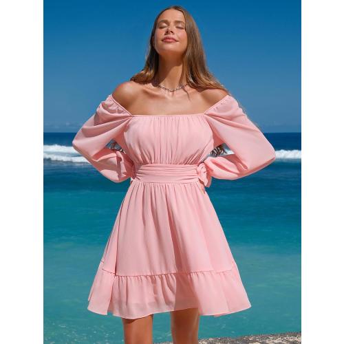 EXLURA Women's 2025 Casual Long Lantern Sleeve Dresses Square Neck Ruffle Tie Back Elastic Waist Aline Short Mini Dress