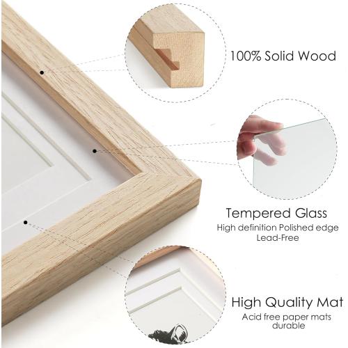 8x10 Picture Frames Matted for 5x7 and 6x8 Picture, Solid Wood with Oak Wood Grain, Double Mats Photo Frame with Tempered Real Glass Fits 3 sizes, Tabletop or Wall Mounting Display, Oak