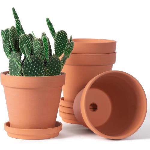 Orceler 6 inch Terracotta & Clay Pots for Plants with Saucer, Medium Terra Cotta Plant Pots with Drainage Hole, Flowerpot with Tray, Terracotta Pot for Indoor Outdoor Plant - Pack of 4 Planters