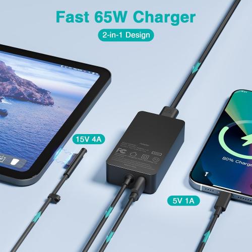 65W Charger Compatible with Microsoft Surface Pro 11, 10, 9, 8, 7 , 7, 6, 5, X, Laptop 7/6/5/4/3/2/1/Studio, Go 4/3/2/1, Book 3/2/1, Support 44W 36W, 10FT