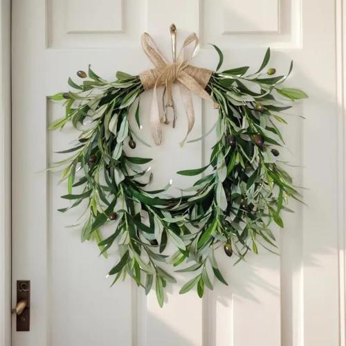 Olive Wreath, Artificial Olive Floral Teardrop Faux Green Olive Garland Fake Olive Easter Holiday with Bow Realistic Olive Home Wedding Arch Party Home Wall Garden Decorations (B)