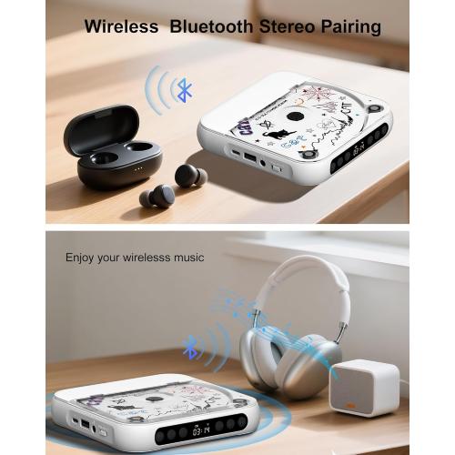 CD Player Portable with Dual Stereo Speakers, Rechargeable Portable CD Player with Bluetooth for Home with Headphones, Support CD/AUX/USB, White