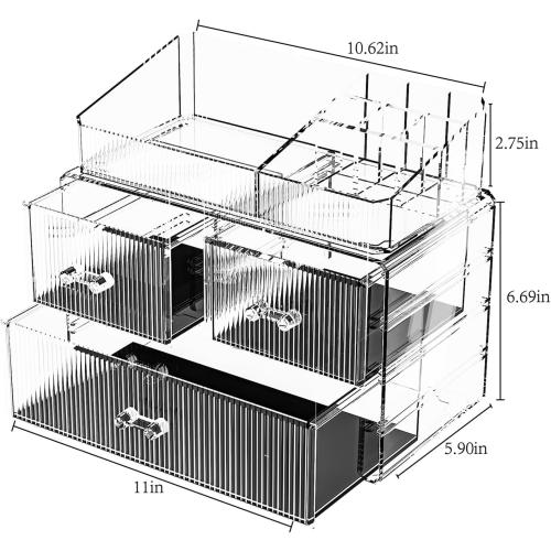 ZHIAI Stackable Cosmetic Organizer, Acrylic Cosmetic Organizer for Dresser, Vanity, Kitchen Cabinet, Bathroom, Under Sink, Home Organization and Storage (1 Top 3 Drawers)