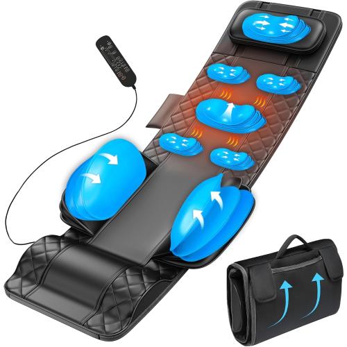 Full Body Massage Mat with Heat, 3D Stretching Back Massager Pad for Bed Sofa Floor, Lumbar & Neck Support, 4 Modes 3 Intensities 3 Heat Levels, Portable & Foldable, PU Leather, Gift for Dad/Mom