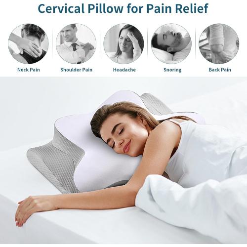 White and Grey Neck Pillow Cervical Memory Foam Pillows, Cooling Contour Pillow for Neck Pain Relief, Ergonomic Orthopedic Bed Pillow for Side Back Stomach Sleepers with Breathable Pillowcase