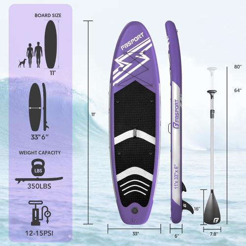 PURPLE FBSPORT 11' Premium Stand Up Paddle Board, Yoga Board with Durable SUP Accessories & Carry Bag | Wide Stance, Surf Control, Non-Slip Deck, Leash, Paddle and Pump for Youth & Adult