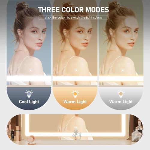 Gvnkvn Ligheted Vanity Mirror with Lights, 14 x 10 LED Makeup Mirror, 3 Modes Light, Smart Touch Control Dimmable, 360°Rotation, Rectangle White Frame
