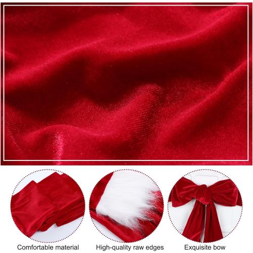 Thyle 10 Pcs Christmas Burgundy Red Velvet Chair Sashes 6 x 108 Inch Large Red Bows Chair Cover with White Fluff Decoration for Xmas Wedding Event Holiday Banquet Party