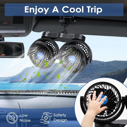 XOOL Clip Car Fan, Adjustable Dual Head 4 Inches 12V Fan for Front/Rear Seat Passenger, 360° Rotatable Electric Car Cooling Fans with Stepless Speed Regulation for SUV, RV, Vehicles