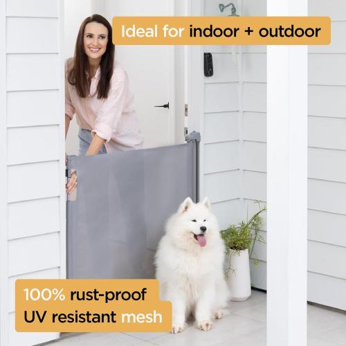 Hakuna Pets Indoor/Outdoor Paw Proof Retractable Dog Gate, 36.6 Tall Extends to 71 Wide, Gray