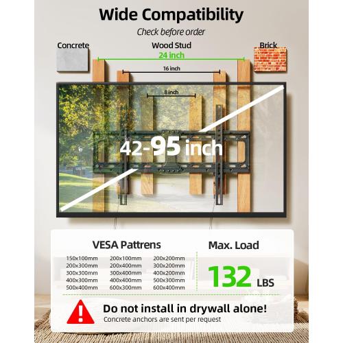 USX MOUNT TV Wall Mount,Low Profile TV Mount for Most 42-95 Inch Flat Screen Televisions,Max VESA 600x400mm Fixed Wall Mount Bracket Holds up to 132 lbs,Fits 16/18/24 Studs