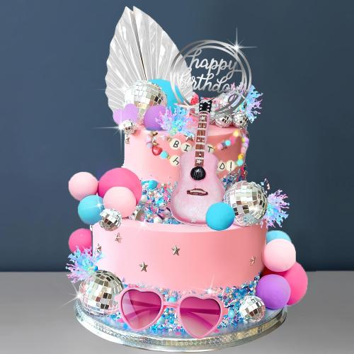 Guitar Cake Toppers Pink Blue Purple Ball Cake Toppers Silver Disco Mirror Ball Cake Decorations for Girl Guitar Musician Theme Party Kid Disco Music Birthday Supplies