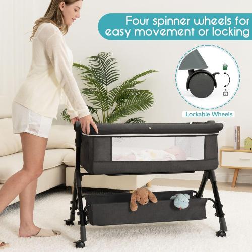 BCOL Baby Bassinet, Bedside Bassinet for Baby, 3 in 1 Bassinet Bedside Sleeper with Wheels, Mosquito Net, Adjustable Easy Folding Portable Bed for Infant Newborn (Dark Grey)