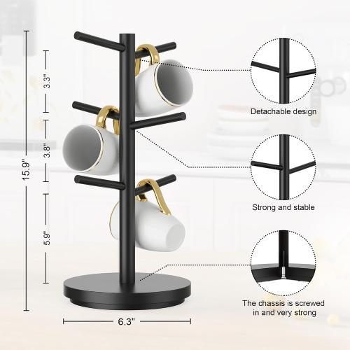 Wisuce Coffee Mug Holder Tree Upgraded 360Rotated Cup Holder for Counter Black Wood Cup Tree Mug Rack Organizer Stand with 6 Hooks for Kitchen Coffee Bar Accessories