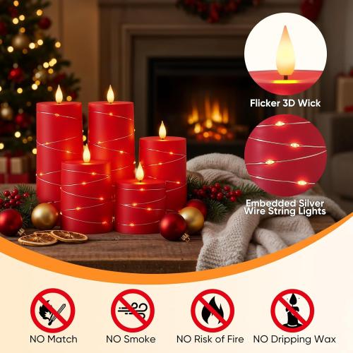 Raycare Flameless Candles with Remote Timer, Flickering Battery Operated LED Pillar Fake Candle with String Lights for Home Decor, Christmas, Wedding and Gift, Red, Set of 5