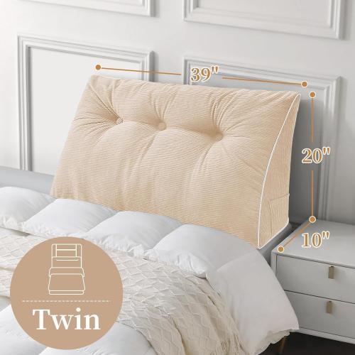 Sasttie Headboard Pillow Twin/Twin XL, Wedge Pillow Headboard for Dorm, Triangular Daybed Backrest Cushion for Sitting or Reading in Bed, with Removable Washable Cover, Beige