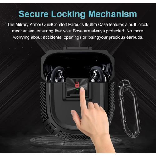 QC Ultra Case Shockproof Protective Cover Compatible with Bose QuietComfort Ultra Earbuds(2023) / Bose QuietComfort Earbuds II(2022) Case Cover with Safety Lock and Carabiner (Black) (Black)