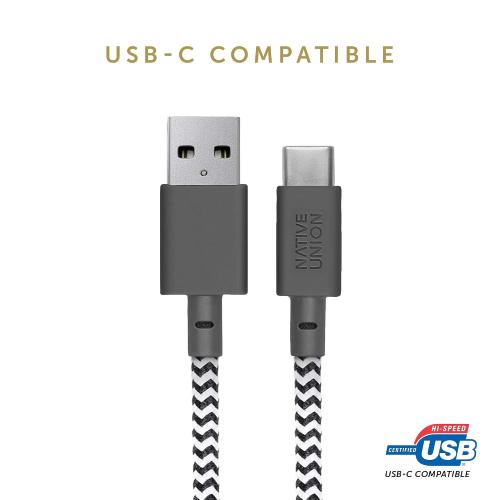 Native Union Belt Cable XL USB-C to USB-A - 10ft Ultra-Strong Charging Cable with Leather Strap Compatible with iPhone 17, Galaxy Z Fold 7, Flip 6, S25 Ultra, Pixel 10 Pro, iPad Pro (Zebra)