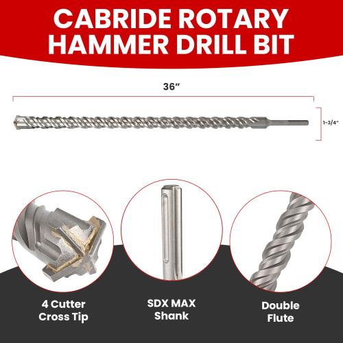 1-3/4 X 36 in SDS MAX Bits, Rotary Hammer Drill Bits, Carbide Drill Bits, Masonry Drill Bits for Concrete, Stone and Brick, SDS MAX Hammer Double Flute, Masonry Drill Bit, Concrete Drill Bit
