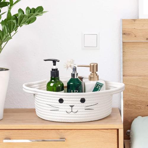 HiChen Small Woven Basket, Cute Cat Toy Basket for Living Room, Decorative Nursery Bin for Toys, Diapers, Empty Gift Baskets for Baby, White, 9.8 x 4 inches