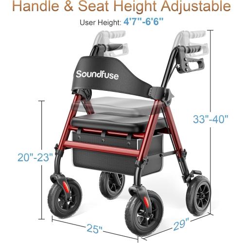 SOUNDFUSE Rollator Walkers for Seniors with Seat, Foldable Lightweight Rolling Walker with 8 Big PU Wheels, Ergonomic Seat, Dual Height Adjustment