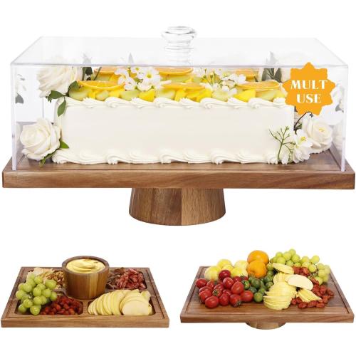 17 Acacia Wood Cake Stand with Lid, 2-in-1 Rectangular Charcuterie Board & Dessert Display, Shatterproof Acrylic Cake Dome Cover for Freshness, Charcuterie Platter for Weddings, Parties