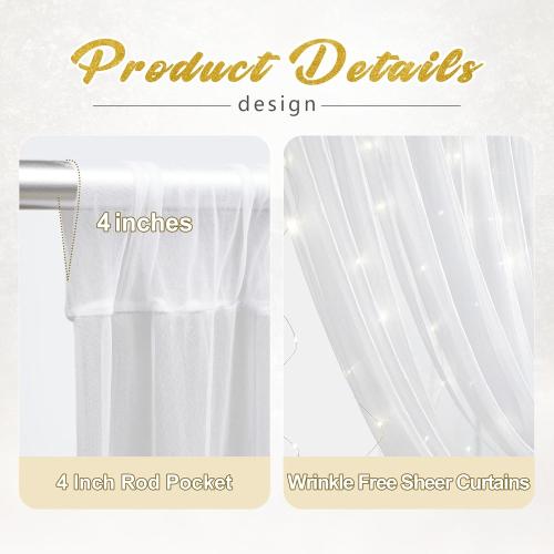 10x10ft White Tulle Backdrop Curtain with Lights String for Parites, Sheer Photo Backdrop Drapes with Lights for Wedding Ceremony Reception Baby Shower Bridal Shower Birthday Party