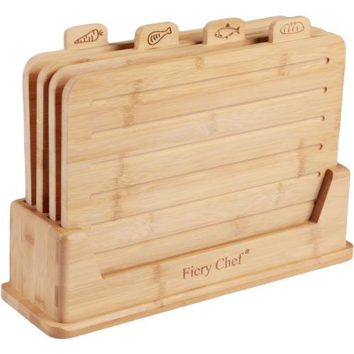12.6L x 9W Bamboo Cutting Board Set of 4 - Wood Cutting Board Set with Holder, Chopping Boards Set with Food Icons, Juice Groove - Ideal for Meat, Fish, Bread, Vegetable, Fruit Chopping