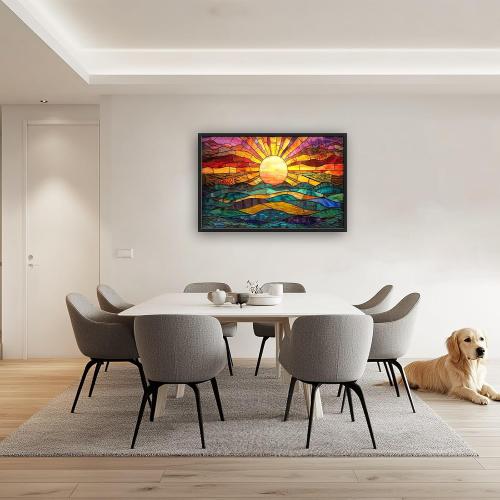 Quorin Boho Sun Large Wall Art Colorful Pictures Abstract Geometric Sun Sunset Sea Wall Decor Modern Canvas Print Painting Artwork for Bathroom Living Room Bedroom 36L x 24W