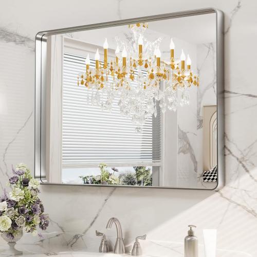 LOAAO 40X32 Inch Brushed Nickel Bathroom Mirror, Rounded Rectangle Silver Metal Frame Mirror, Brushed Nickel, Anti-Rust, Shatter Proof, Hangs Horizontally or Vertically