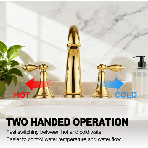 SaniteModar Polished Gold Bathroom Sink Faucet,Brass Bathroom Faucet 3 Hole,Widespread Bathroom Faucet for Sink 3 Hole,2 Handles Design with Water Supply Lines