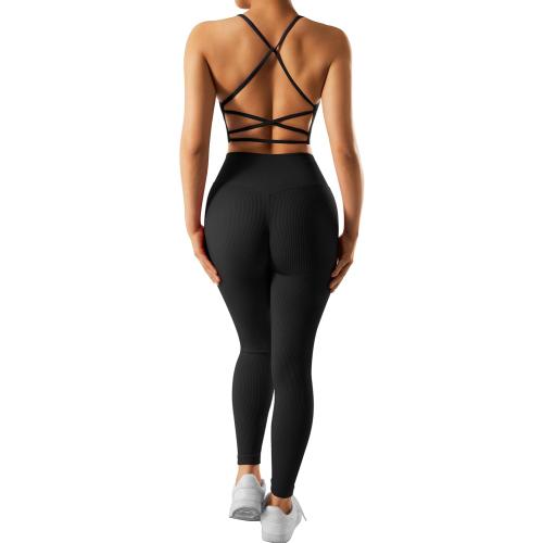 SIZE SMALL RXRXCOCO Ribbed Workout Sets for Women 2 Piece Backless Strappy Sports Bra Seamless Leggings Matching Set Yoga Outfits
