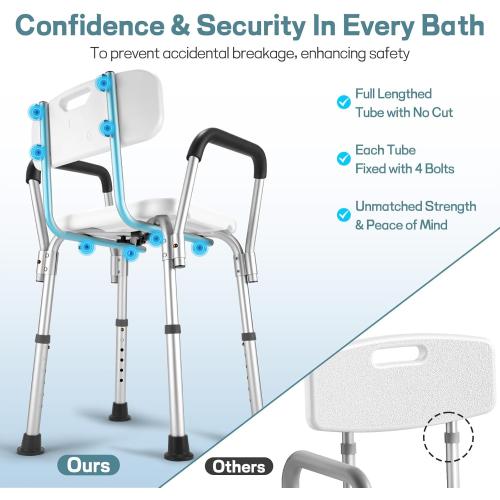 Shower Chair for Elderly and Disabled with Padded Armrests and Back, Adjustable Height Shower Seat, Tool-Free Heavy Duty Shower Chairs for Inside Shower, Handicap
