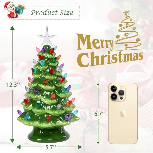 VCUTEKA Small Ceramic Christmas Tree Hand-Painted Vintage Tabletop Green Christmas Tree Holiday Decoration with Multi-Color Lights Xmas Trees 12 inch