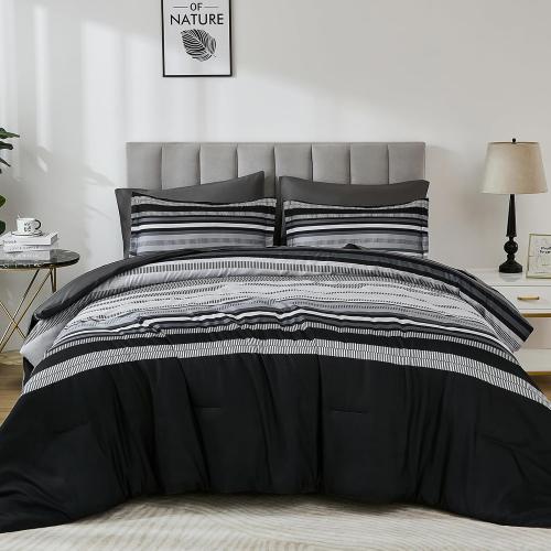 Dobuyly Black Comforters Queen Size Set 7 Pieces, Boho Striped Grey Bed in a Bag Queen Soft Microfiber Bedding Set with Comforter, Sheets, Pillowcases & Shams All Season