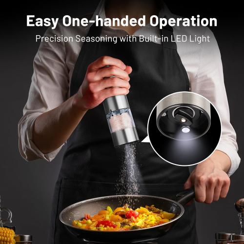 SIMPLETASTE Electric Salt and Pepper Grinder Set Automatic One Handed, Stainless Mill Shakers with Lights and Adjustable Coarseness, Battery Operated