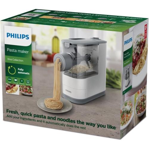 Philips Kitchen Appliances Compact Pasta and Noodle Maker, Viva Collection, Comes with 3 Default Classic Pasta Shaping Discs, Fully Automatic, Recipe Book, Small, White (HR2370/05)