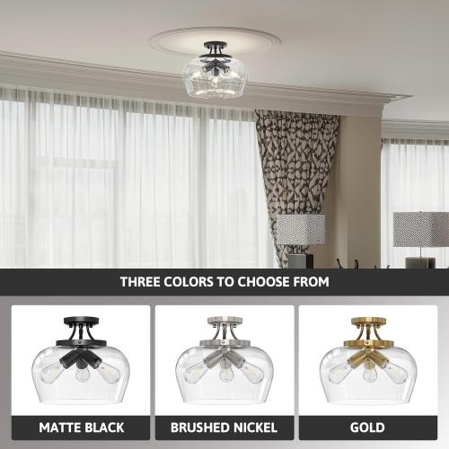 VONLUCE Semi Flush Mount Ceiling Light, 13.8 Ceiling Light Fixture with Clear Glass Shade, E26 Base, 3-Bulb Industrial Lighting Fixture for Hallway Entryway Bedroom, Matte Black, ETL Certificated