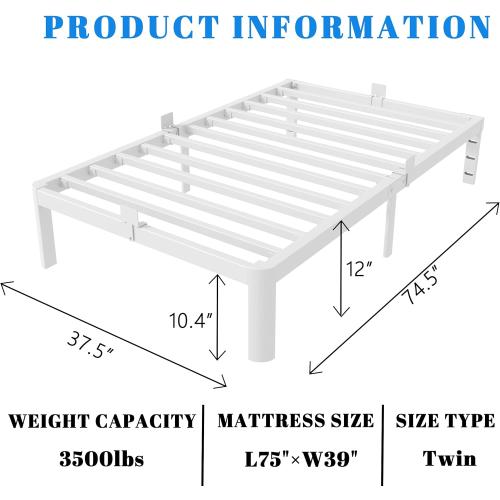 White 12 Inch Twin Bed Frames with Gaskets, Metal Twin Size Bed Frame No Box Spring Need, Heavy Duty Steel Platform Support, Round Corner Desgin, Reserved Holes, Storage Space, Noiseless