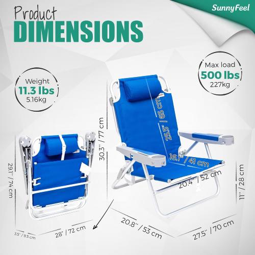 SUNNYFEEL Extra Wide 28 Low Beach Chair 5 Position Lay Flat, XL Oversized Portable Folding Camping Chairs with Cup Holder for Outdoor/Trip, Lightweight Foldable Backpack Beach Chair for Adults