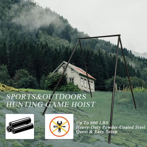 HSW Black Steel Game Hunting Hoist Rack, 500lb Capacity Deer Game Hanger Hoist, Heavy Duty Convenient Freehand Installation Support Stand for Field Processing (Black)