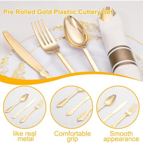 Set of 400PCS Pre Rolled Gold Plastic Silverware Sets - Heavy Duty Fancy Gold Cutlery - Include 100 Pack Wrapped Disposable Utensils with Napkins for Parties, Dinners & Weddings